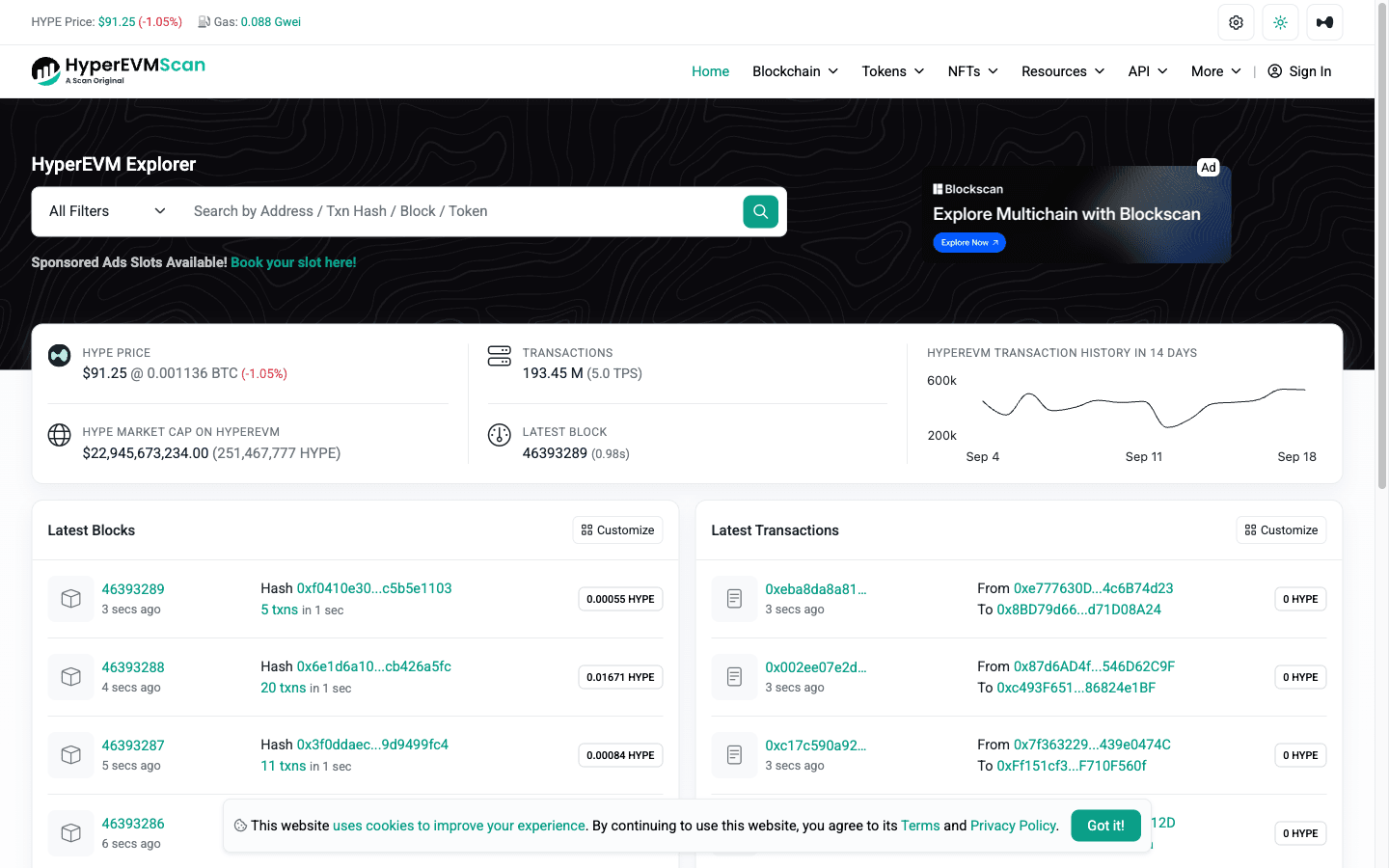 HyperEVMScan home page showing HYPE price, latest HyperEVM blocks and transactions, September 2026