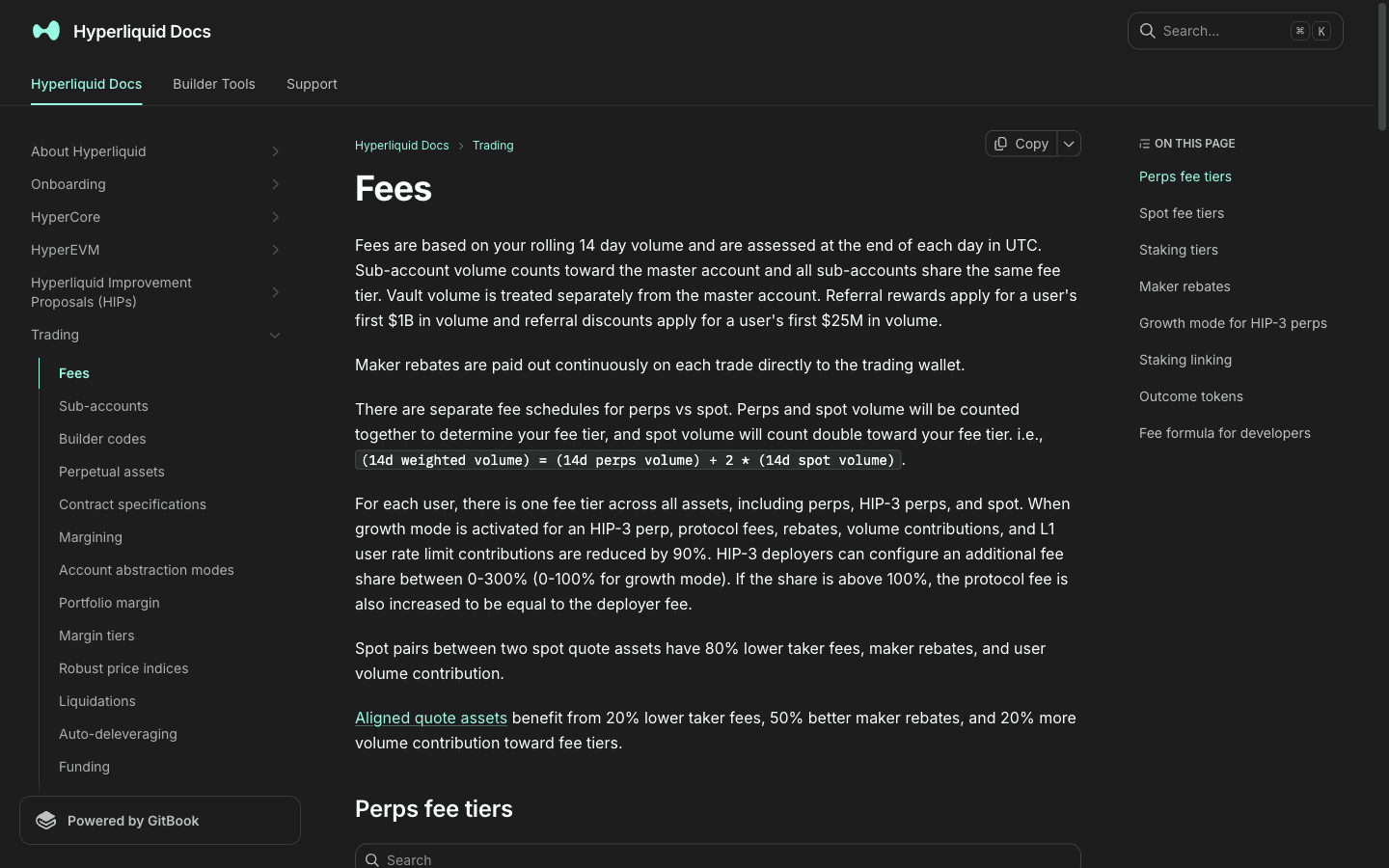 Hyperliquid official Fees documentation page explaining 14-day weighted volume, HIP-3 growth mode and stable-pair discounts