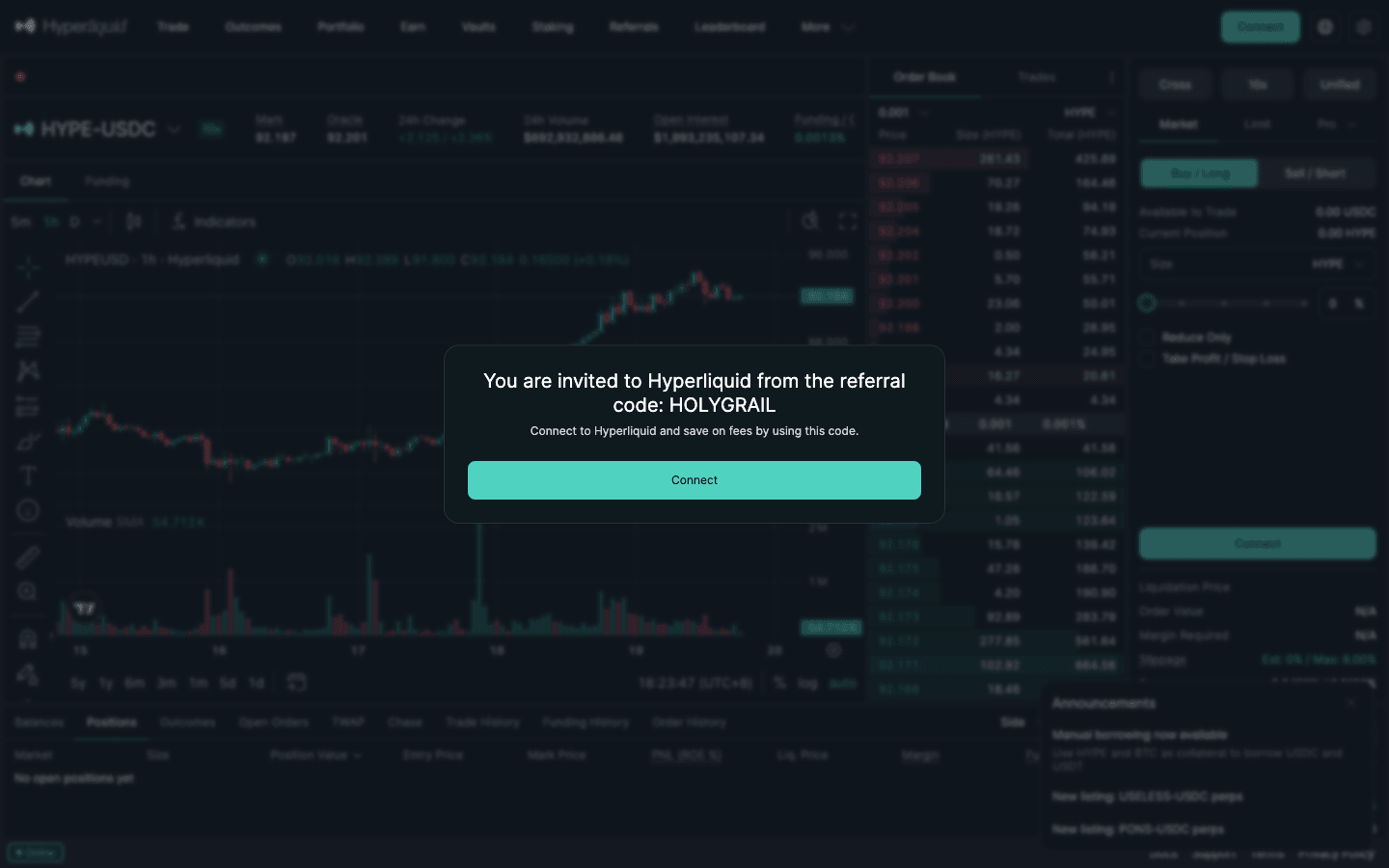 Hyperliquid prompt confirming referral code HOLYGRAIL before connecting a wallet