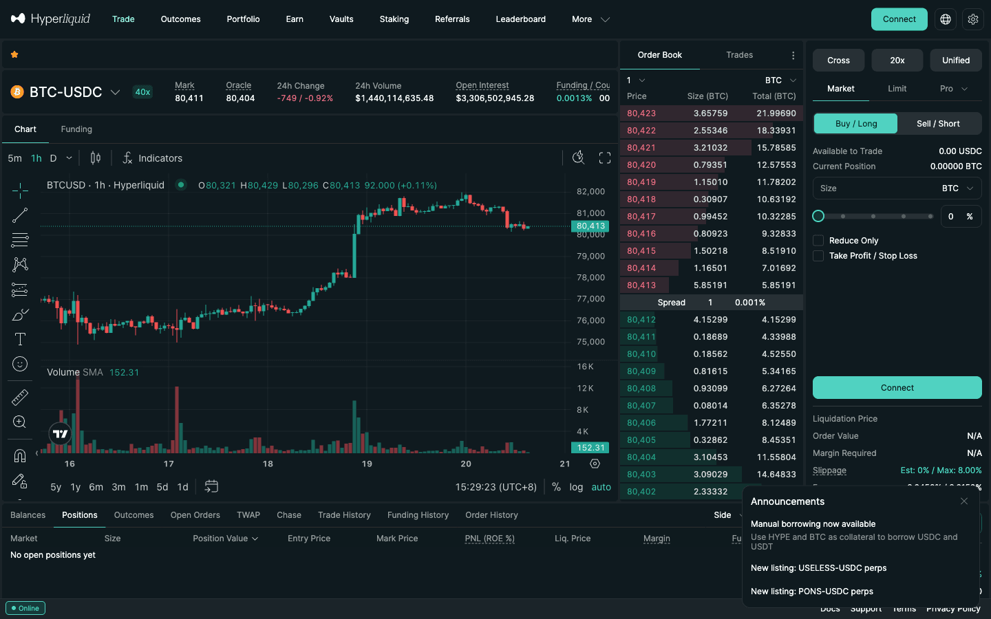 Hyperliquid BTC perpetual trading page with order book, where liquidation market orders are executed