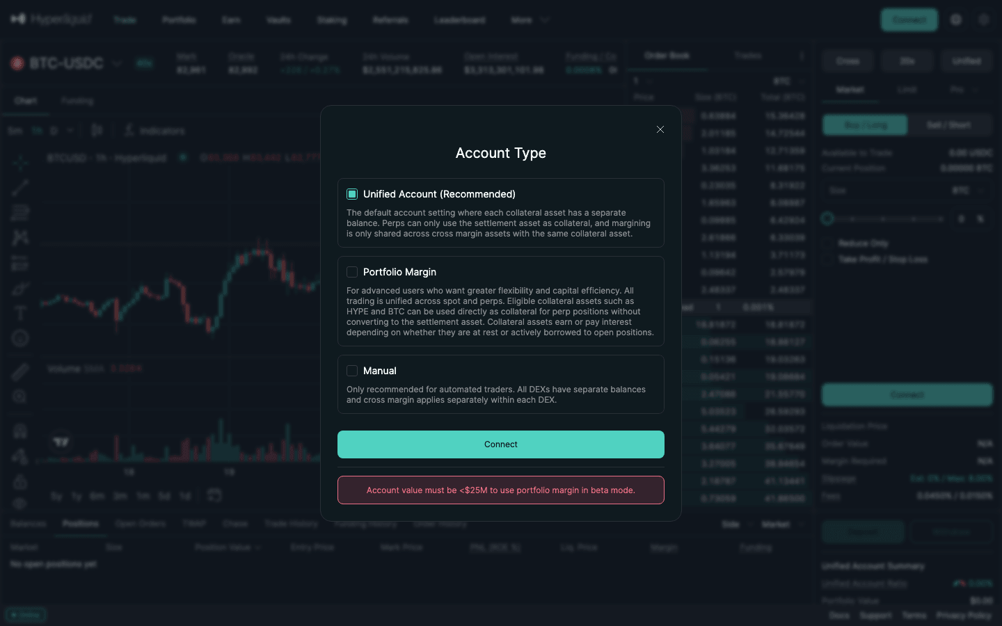 Hyperliquid Account Type window with Unified Account (Recommended), Portfolio Margin and Manual options and the alert 'Account value must be <$25M to use portfolio margin in beta mode'