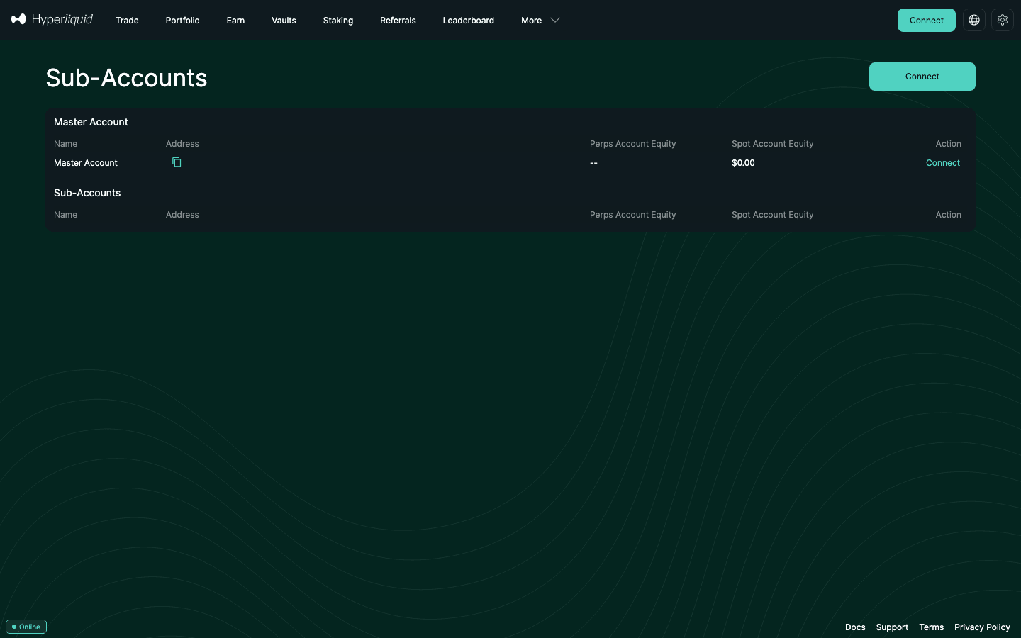 Hyperliquid Sub-Accounts page at app.hyperliquid.xyz/subAccounts with the Master Account and Sub-Accounts tables, September 2026