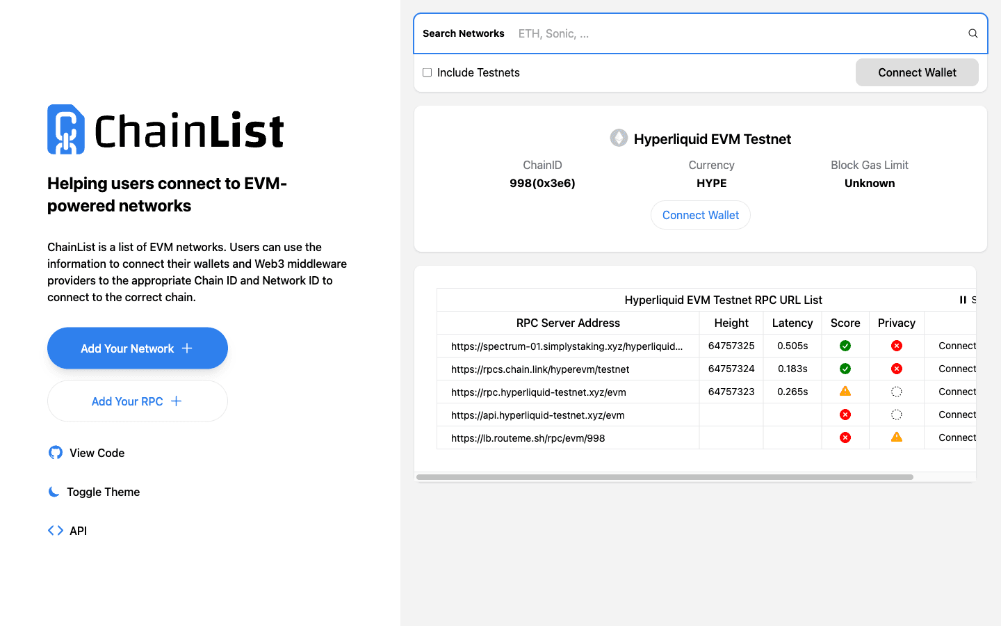 Chainlist entry for Hyperliquid EVM Testnet, chain ID 998, with RPC list