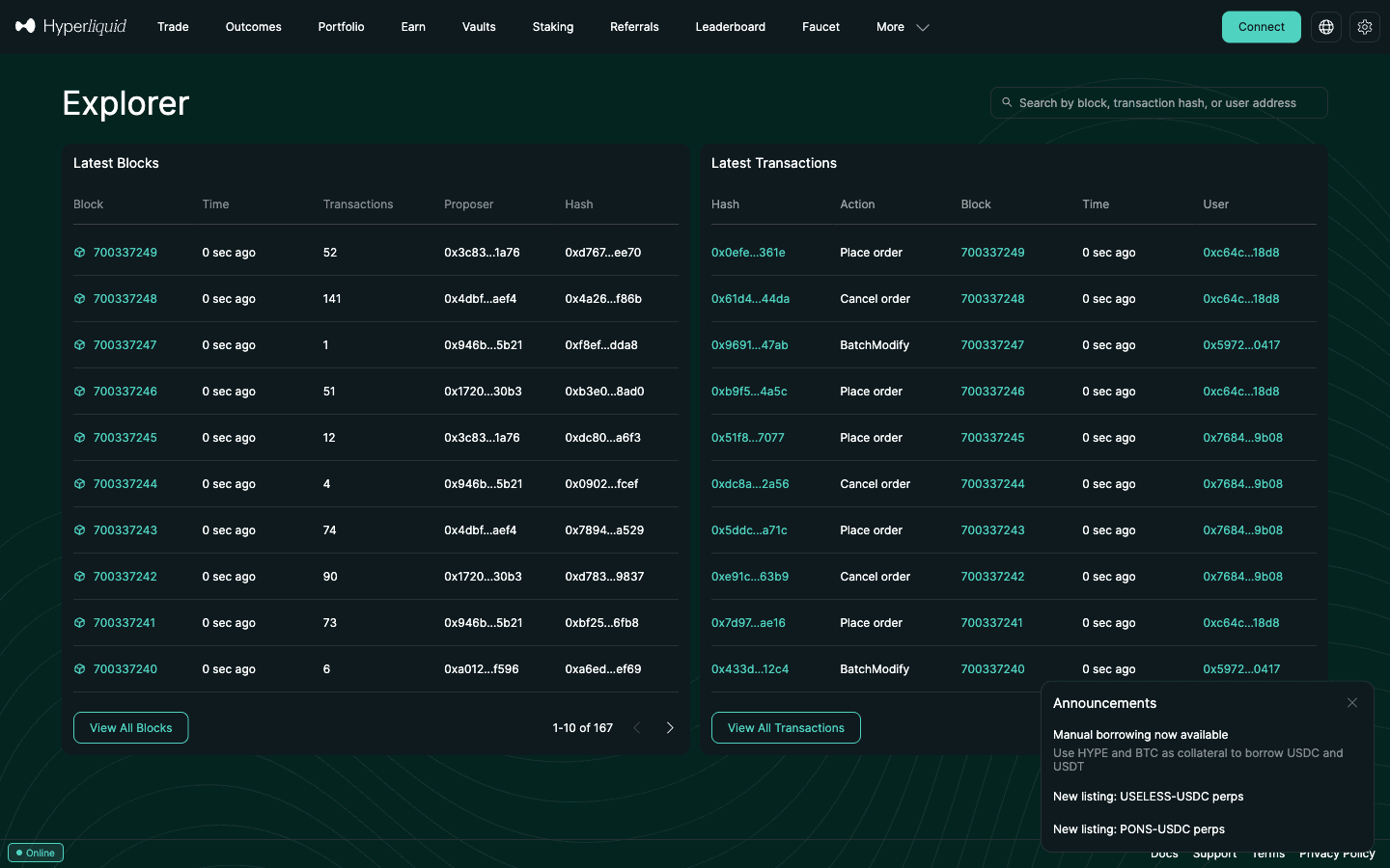 Hyperliquid testnet block explorer at app.hyperliquid-testnet.xyz/explorer
