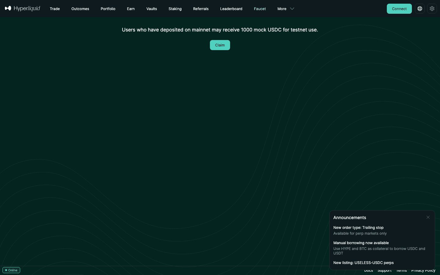 Hyperliquid testnet faucet page at app.hyperliquid-testnet.xyz/drip: users who have deposited on mainnet may receive 1000 mock USDC, Claim button, October 14, 2026