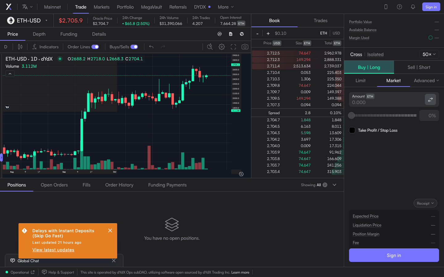 dYdX ETH-USD trade page with oracle price, 24h volume, open interest, order book and order form up to 50x