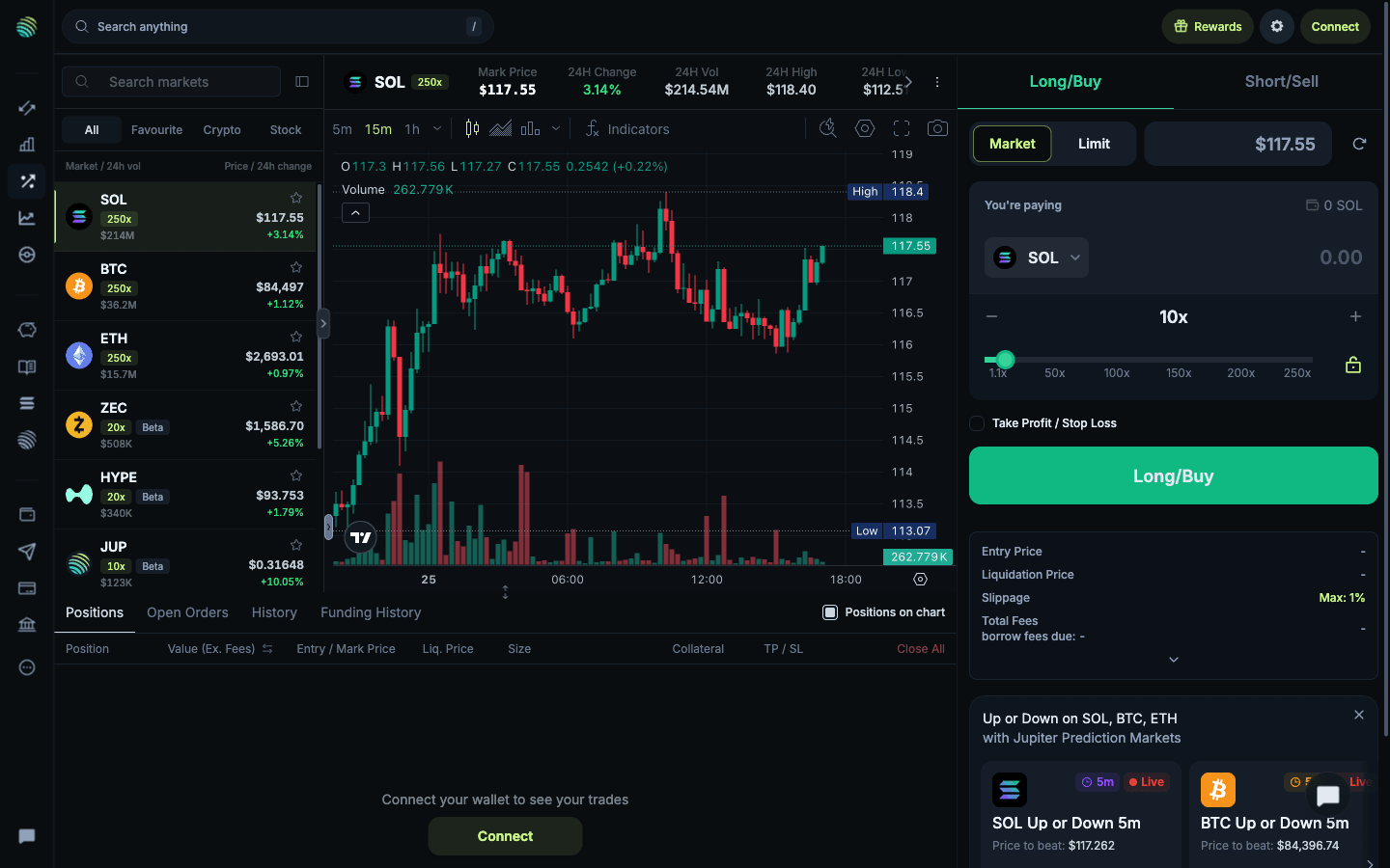Jupiter Perps SOL trade page with market list, chart, leverage slider up to 250x and order form