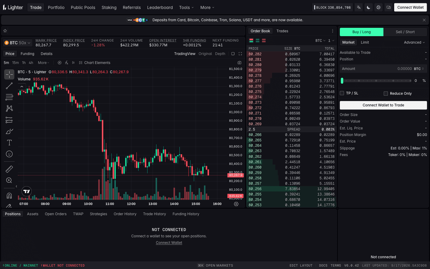 Lighter BTC perpetual trading page showing zero-fee Standard account order book