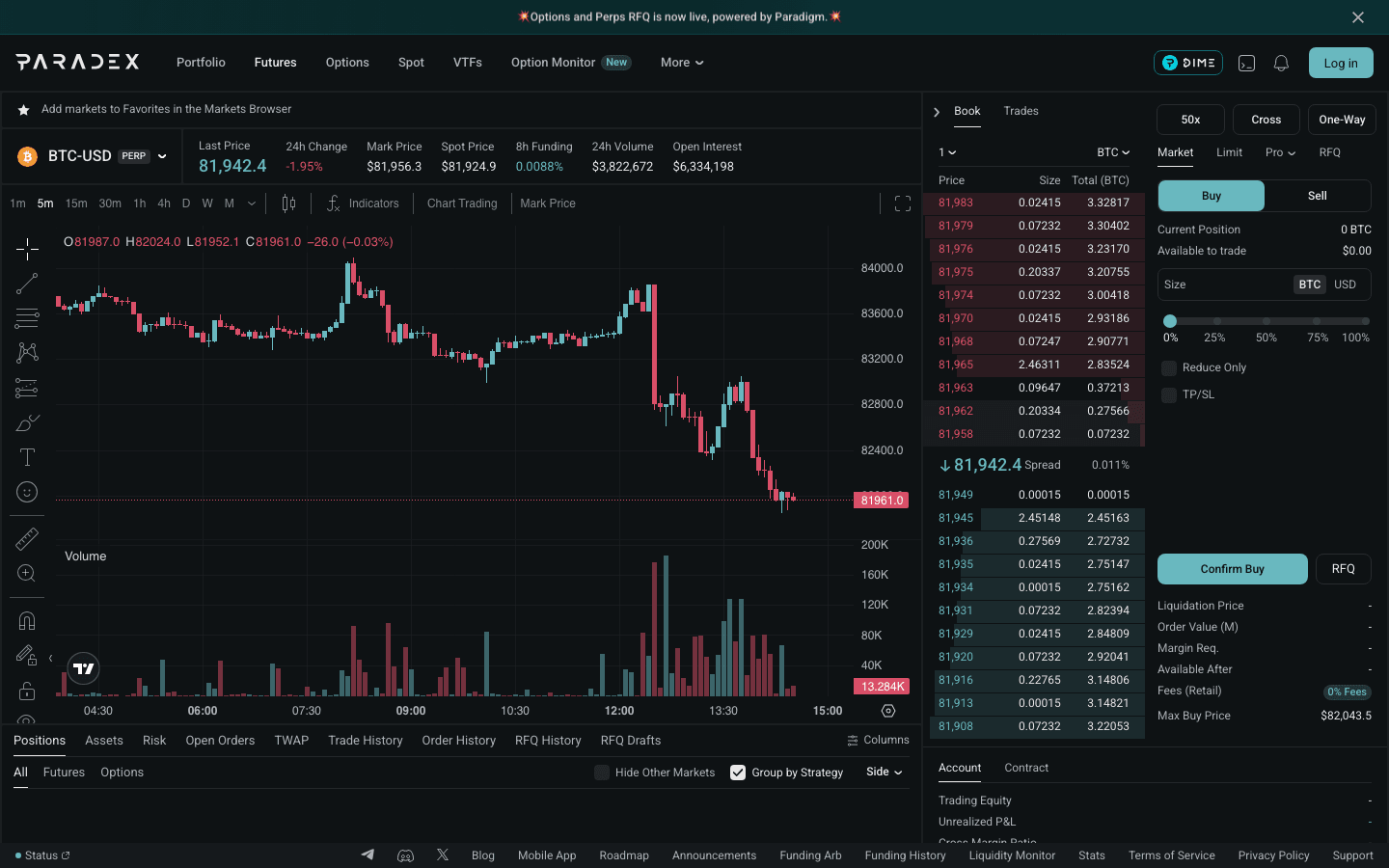 Paradex BTC-USD perpetual in the logged-out web app on October 14, 2026, showing 24-hour volume, open interest, the order book and the Retail fee badge