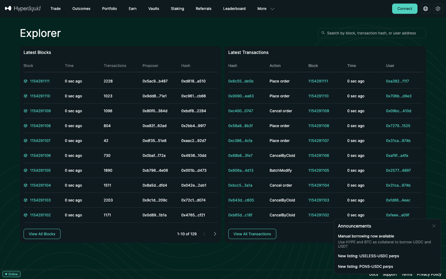 Hyperliquid official explorer at app.hyperliquid.xyz/explorer showing recent blocks and transactions