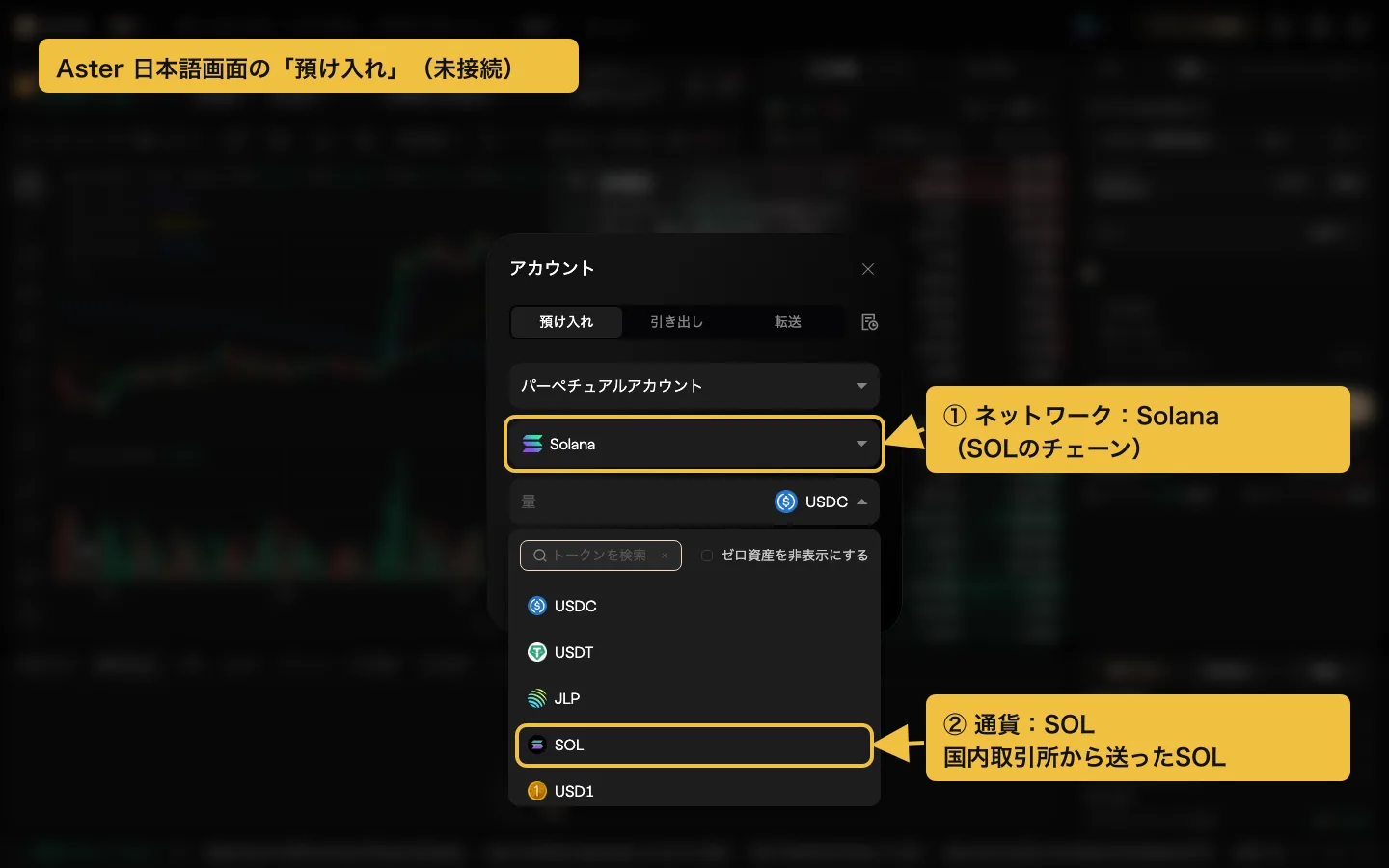 Aster の日本語画面の「預け入れ」。パーペチュアルアカウント、ネットワークに Solana を選び、通貨の一覧に USDC・USDT・JLP・SOL・USD1 が表示されている
