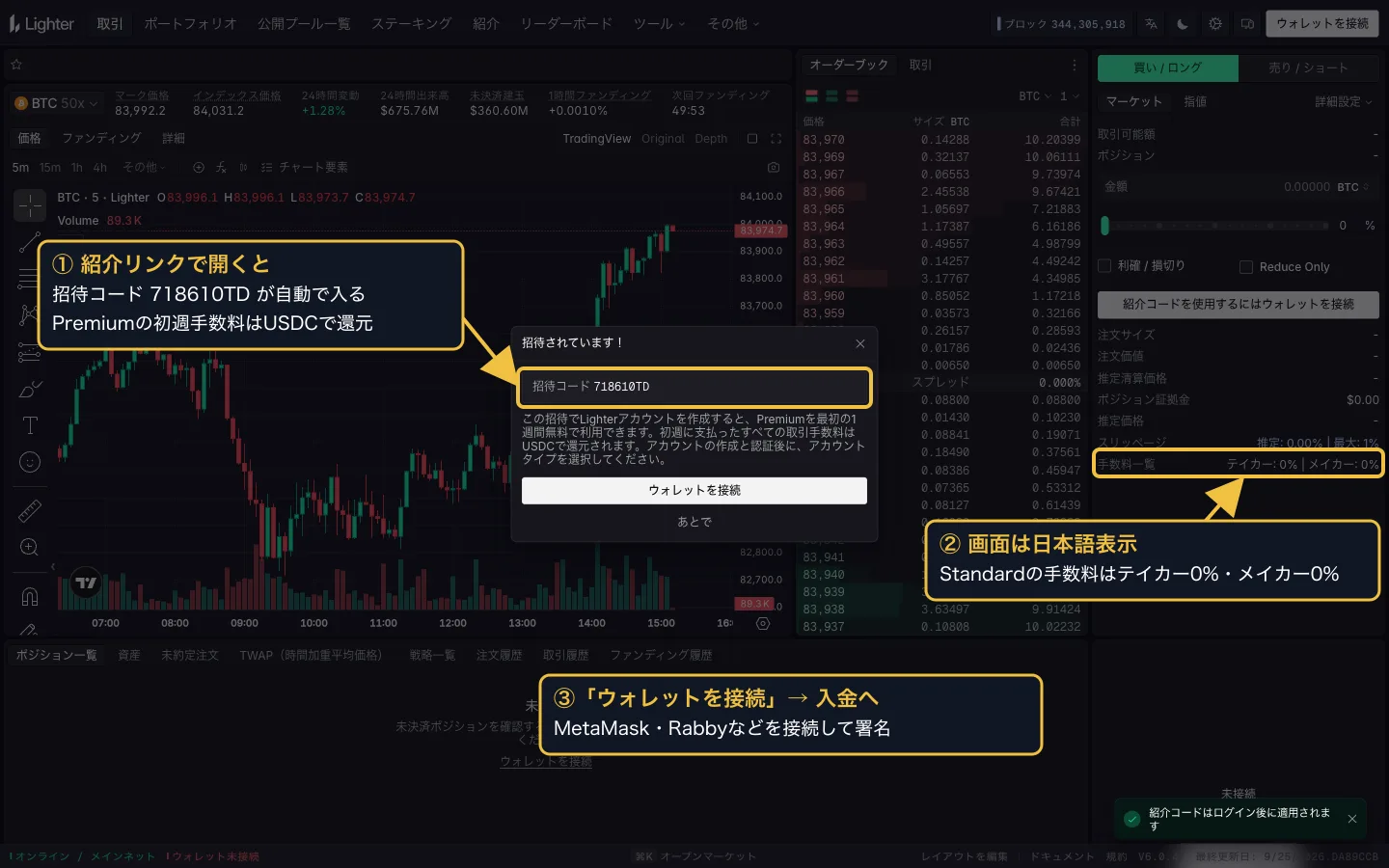 Lighter の日本語表示の取引画面。「招待されています！」ダイアログに招待コード 718610TD、右側の手数料一覧はテイカー0%・メイカー0%