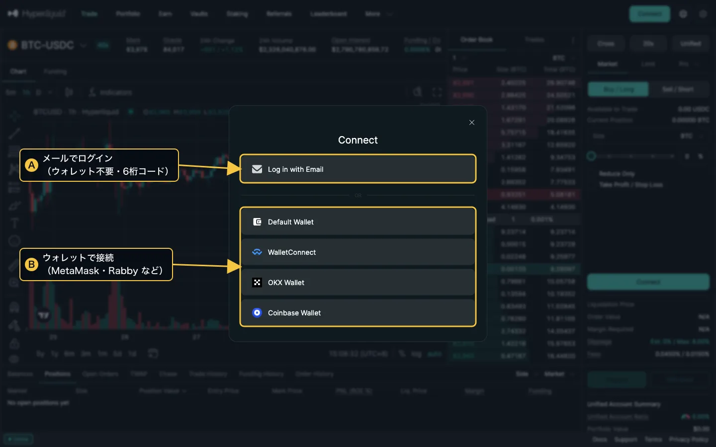 ハイパーリキッドの Connect 画面に日本語の注釈。A がメールでログイン、B がウォレットで接続