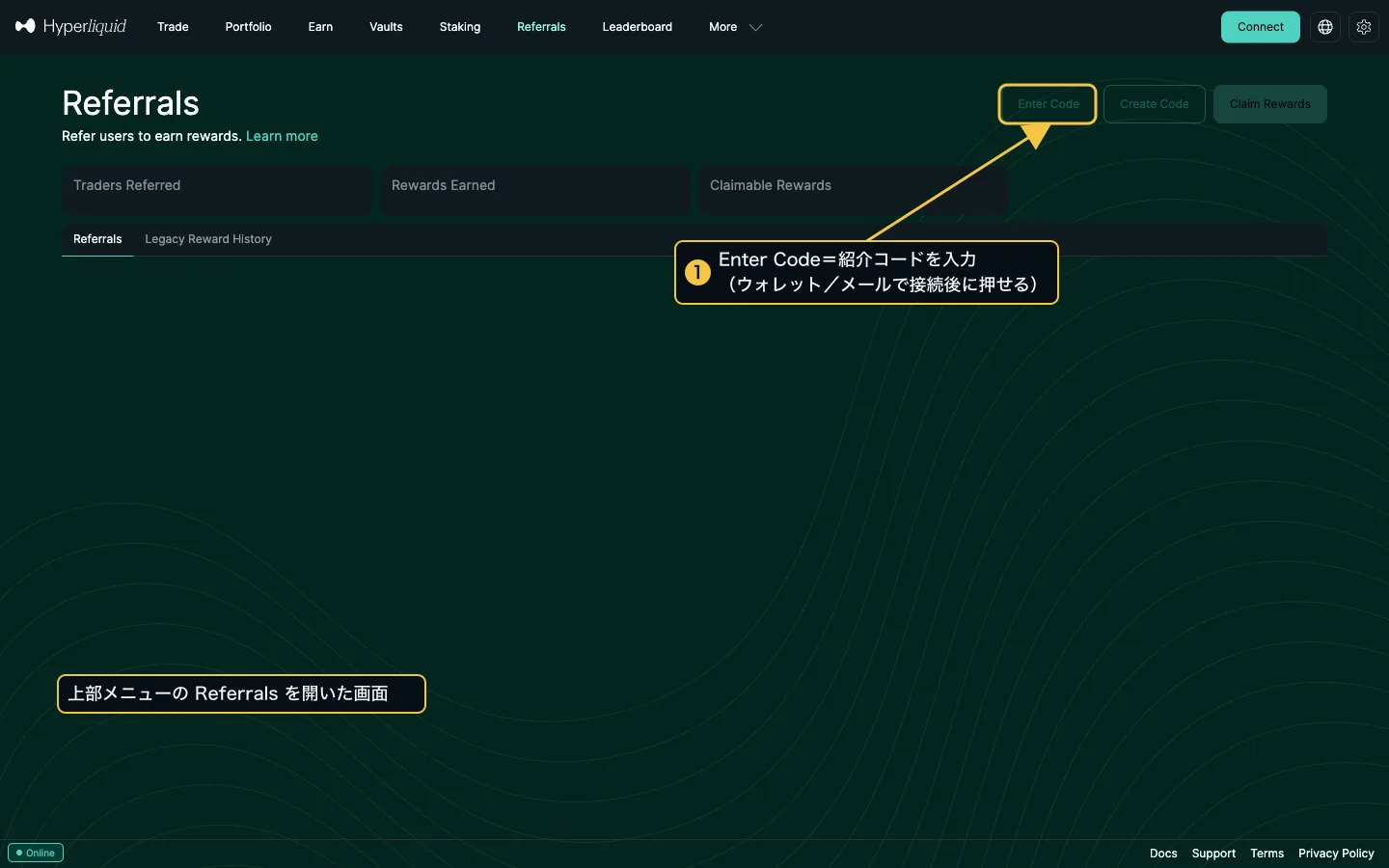 ハイパーリキッドの Referrals ページに日本語の注釈。右上の Enter Code が紹介コードの入力ボタン