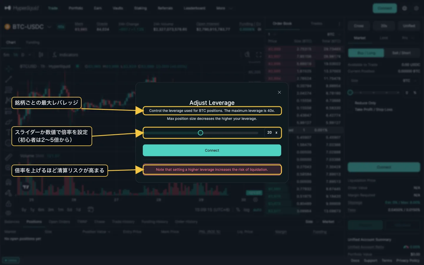 ハイパーリキッドの Adjust Leverage 画面に日本語の注釈。銘柄ごとの最大レバレッジ、倍率のスライダー、清算リスクの注意