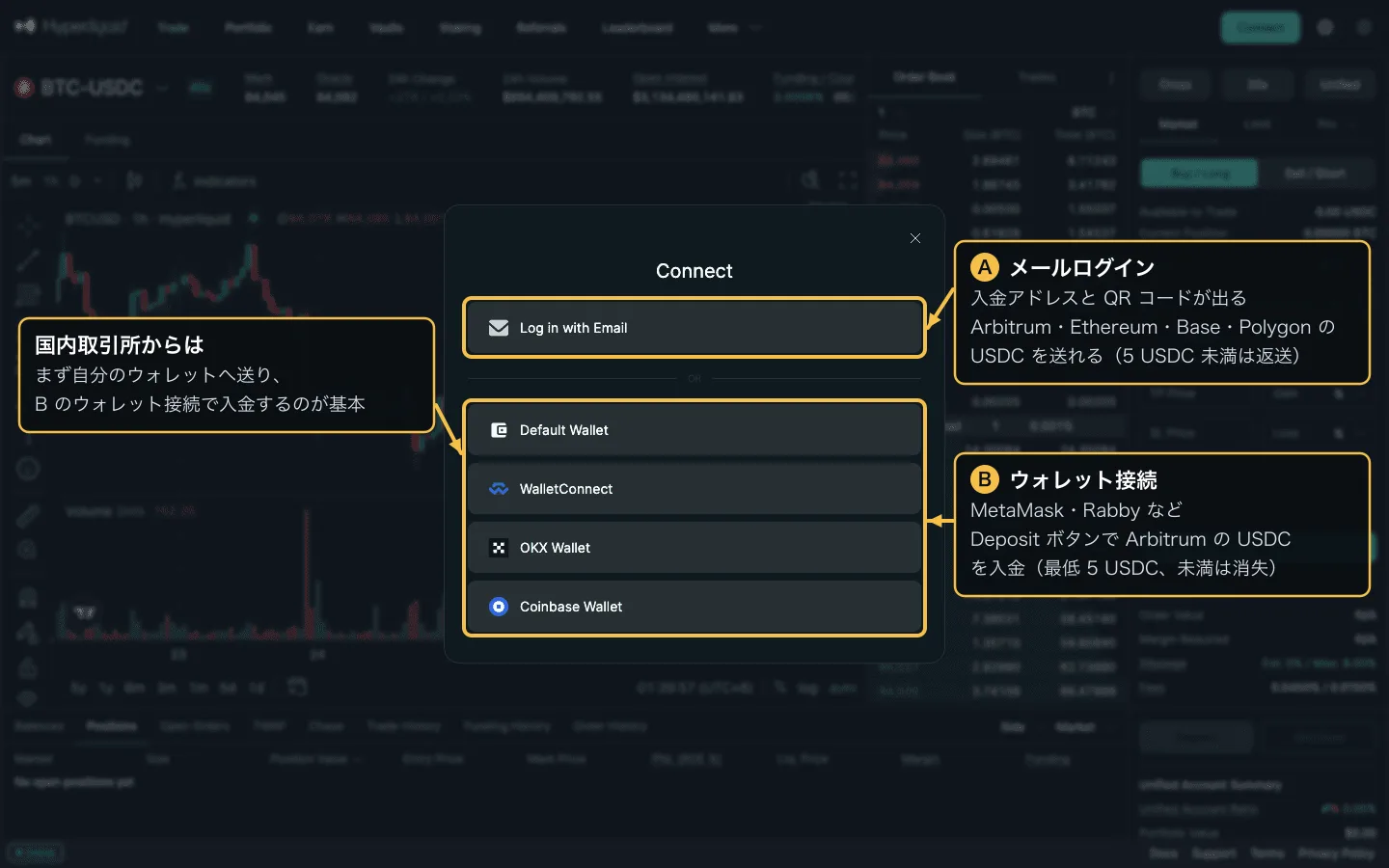 ハイパーリキッドの Connect 画面（英語UI）に日本語で注記。A の Log in with Email は入金アドレスへ複数チェーンの USDC、B のウォレット接続は Deposit ボタンで Arbitrum の USDC