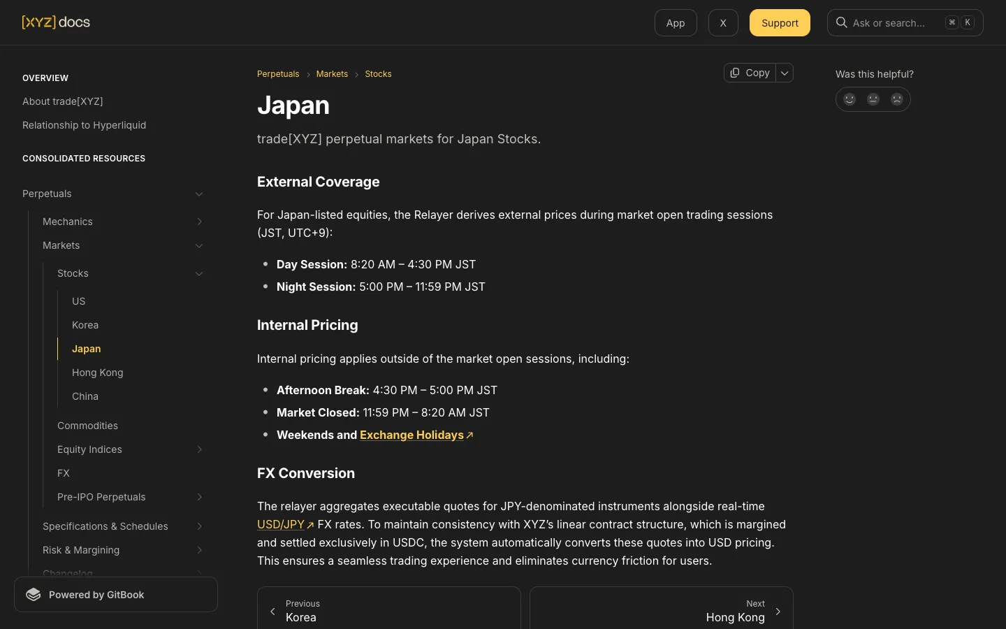 trade.xyz公式ドキュメントの日本株ページ。外部価格はデイセッション8:20〜16:30とナイトセッション17:00〜23:59（日本時間）、それ以外と週末・休場日は内部価格
