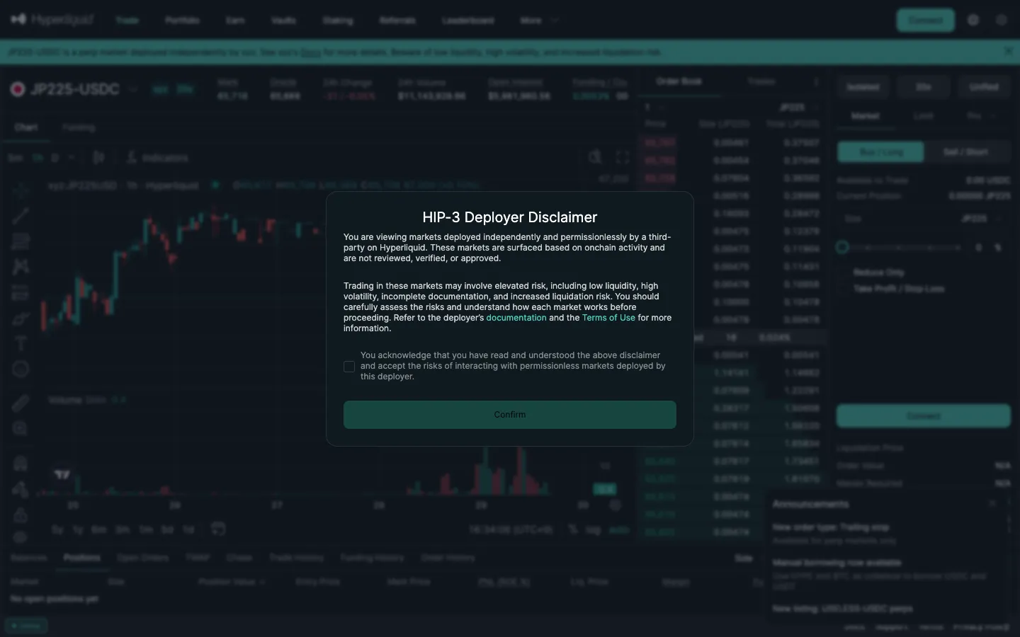 ハイパーリキッドのHIP-3 Deployer Disclaimer。第三者が許可なく上場した市場で、流動性の低さ・値動き・清算リスクがあると警告している