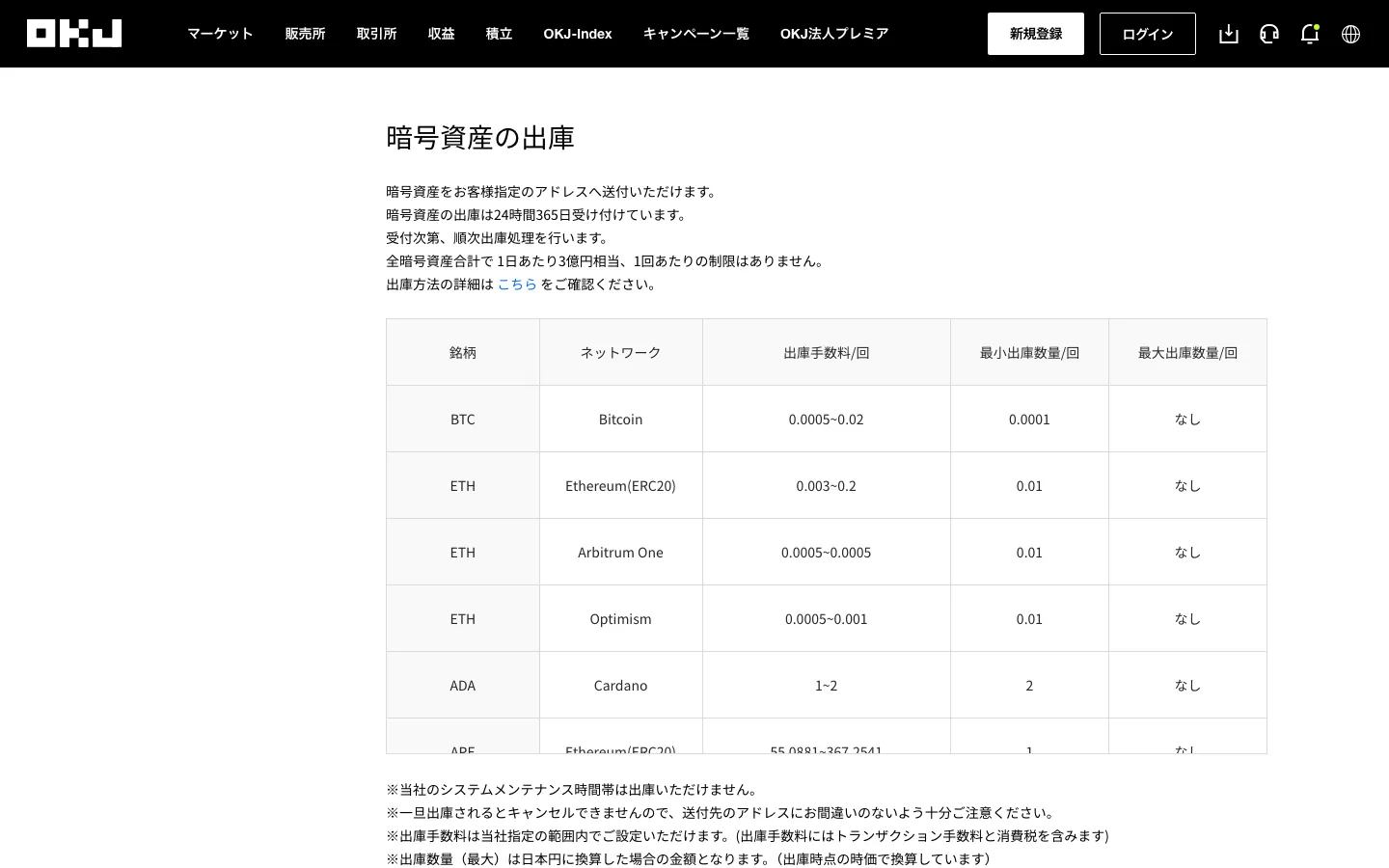 OKJの入出金ページの暗号資産の出庫表。ETHのArbitrum Oneは出庫手数料0.0005、最小出庫数量0.01。Ethereum(ERC20)は0.003から0.2