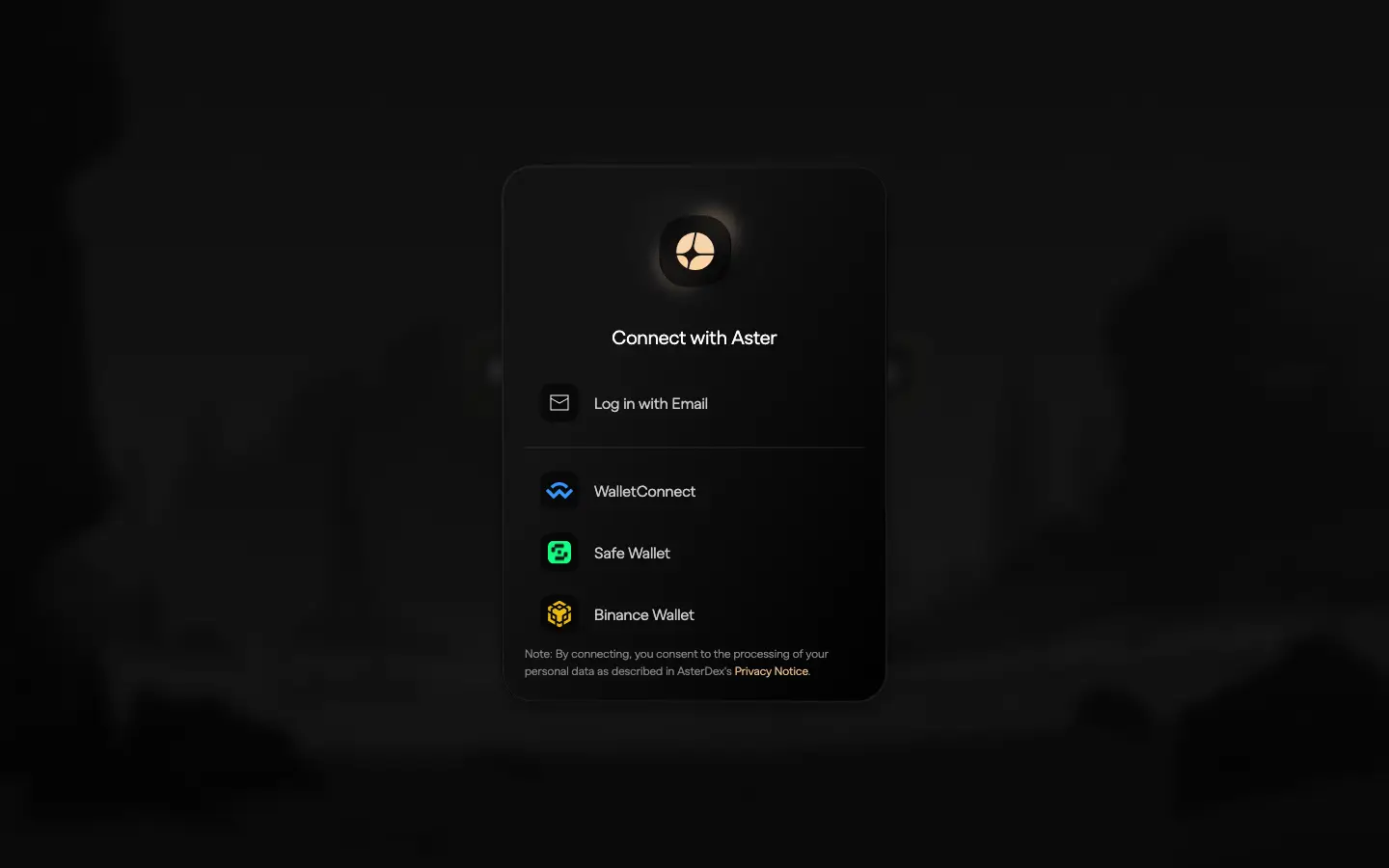 아스터 Connect with Aster 창: Log in with Email, WalletConnect, Safe Wallet, Binance Wallet
