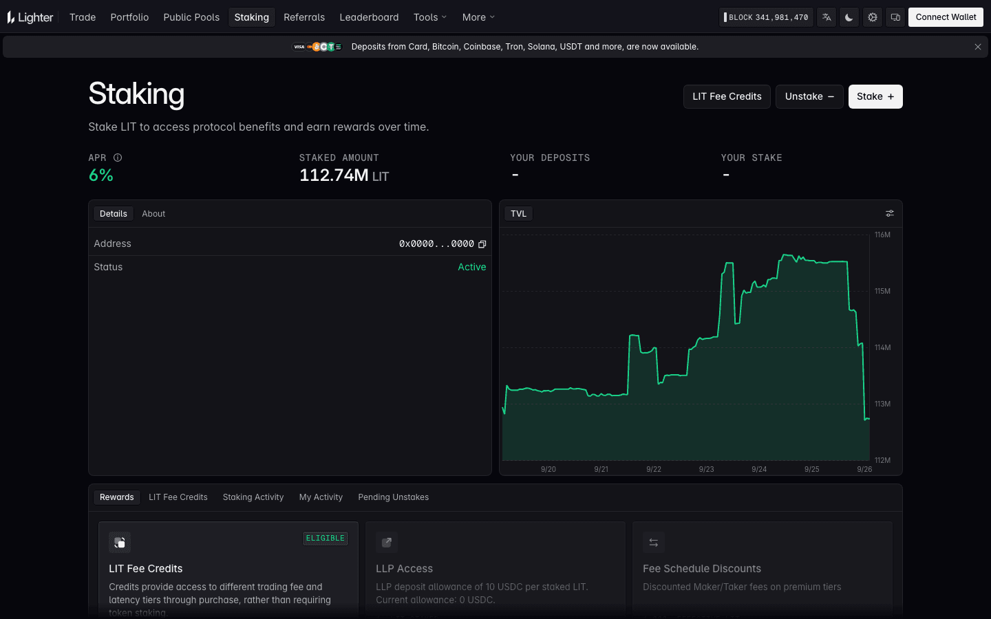 Lighter Staking page for LIT with APR and staked amount