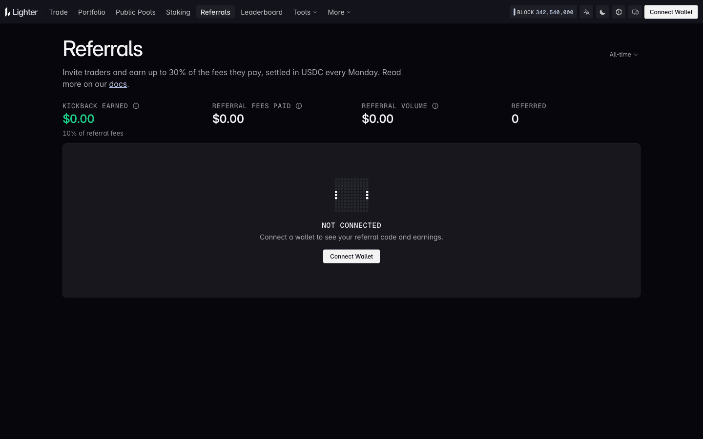 Lighter Referrals page: earn up to 30% of the fees referred traders pay, with kickback, fees, volume and referred counters