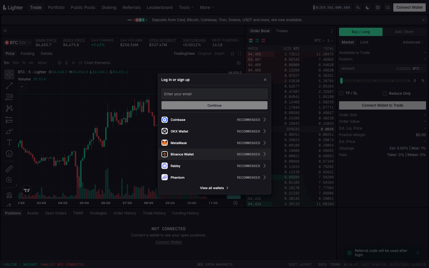 Lighter Log in or sign up window with an email field, a Continue button and recommended wallets Coinbase, OKX Wallet, MetaMask, Binance Wallet, Rabby and Phantom