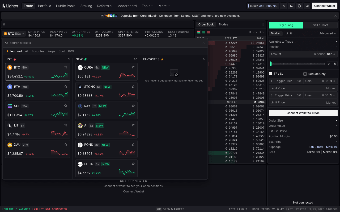 Lighterの銘柄一覧。Search Markets欄とFeatured・All・Favorites・Perps・Spot・RWAのタブ、BTC 50x・ETH 50x・SOL 25x