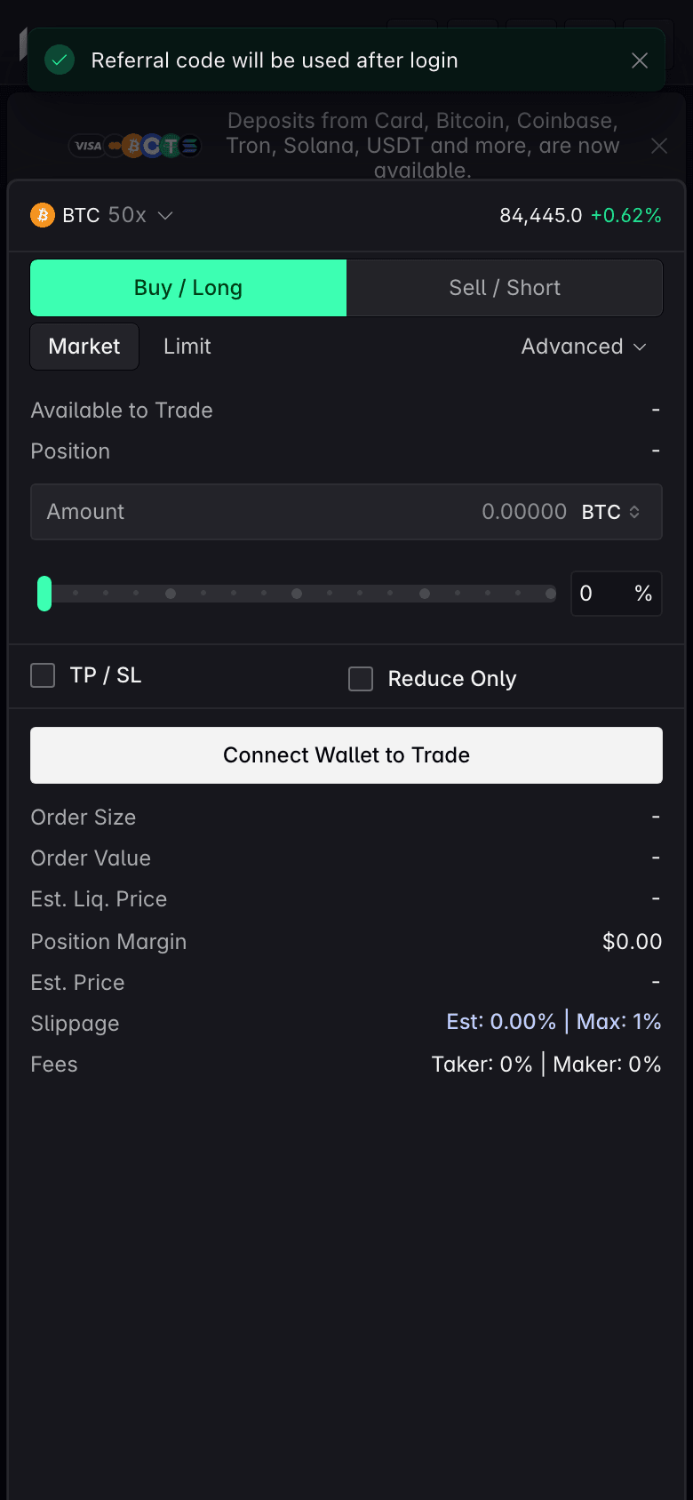 Lighter web app on a phone: order ticket with Buy / Long, Market, Limit, Advanced, TP / SL, Reduce Only and Taker 0% Maker 0%