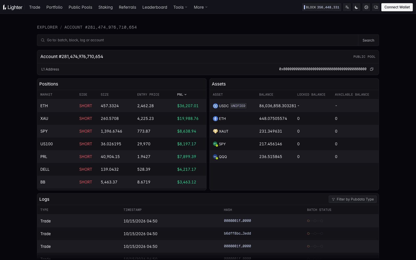Lighter explorer account page for the LLP public pool showing positions, assets and logs