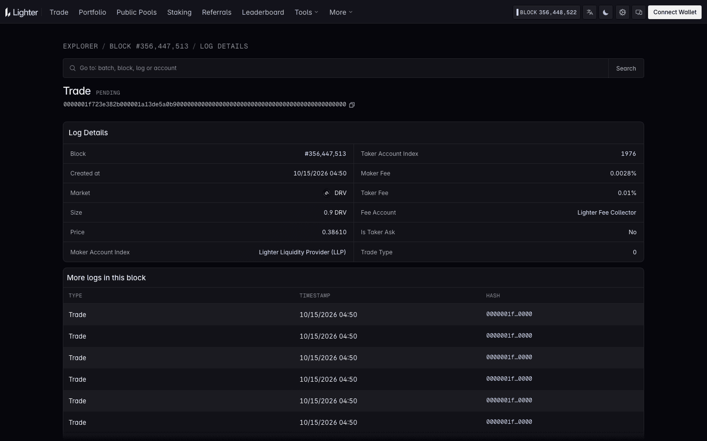 Lighter explorer log details page for a trade with maker LLP, maker fee 0.0028% and taker fee 0.01%