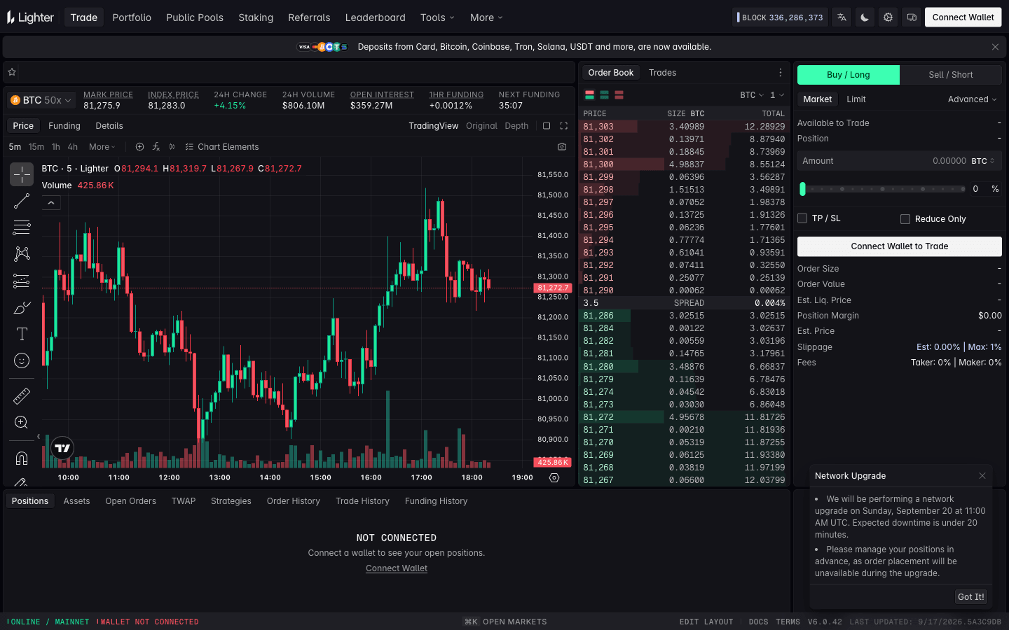 Lighter BTC perpetual trade page with on-chain order book, chart and order form showing 0% taker and maker fees