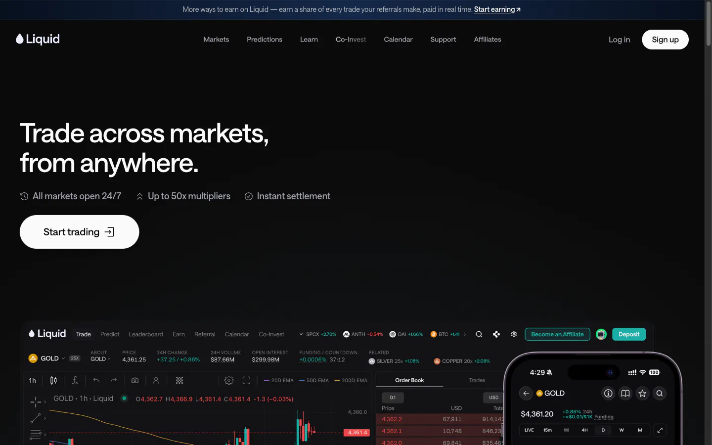 liquid.trade homepage: trade across markets from anywhere, up to 50x multipliers