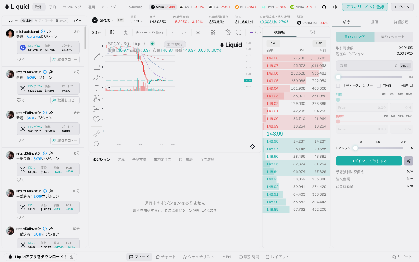 LiquidのWeb版app.liquid.tradeの取引画面(日本語表示)。注文パネルにリデュースオンリー、TP/SL、予想強制決済価格