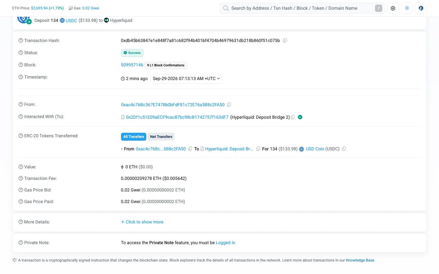 ArbiscanのトランザクションページでStatusがSuccess、Interacted WithがHyperliquid Deposit Bridge 2、ERC-20 Tokens TransferredにUSD Coin（USDC）134が表示されている例
