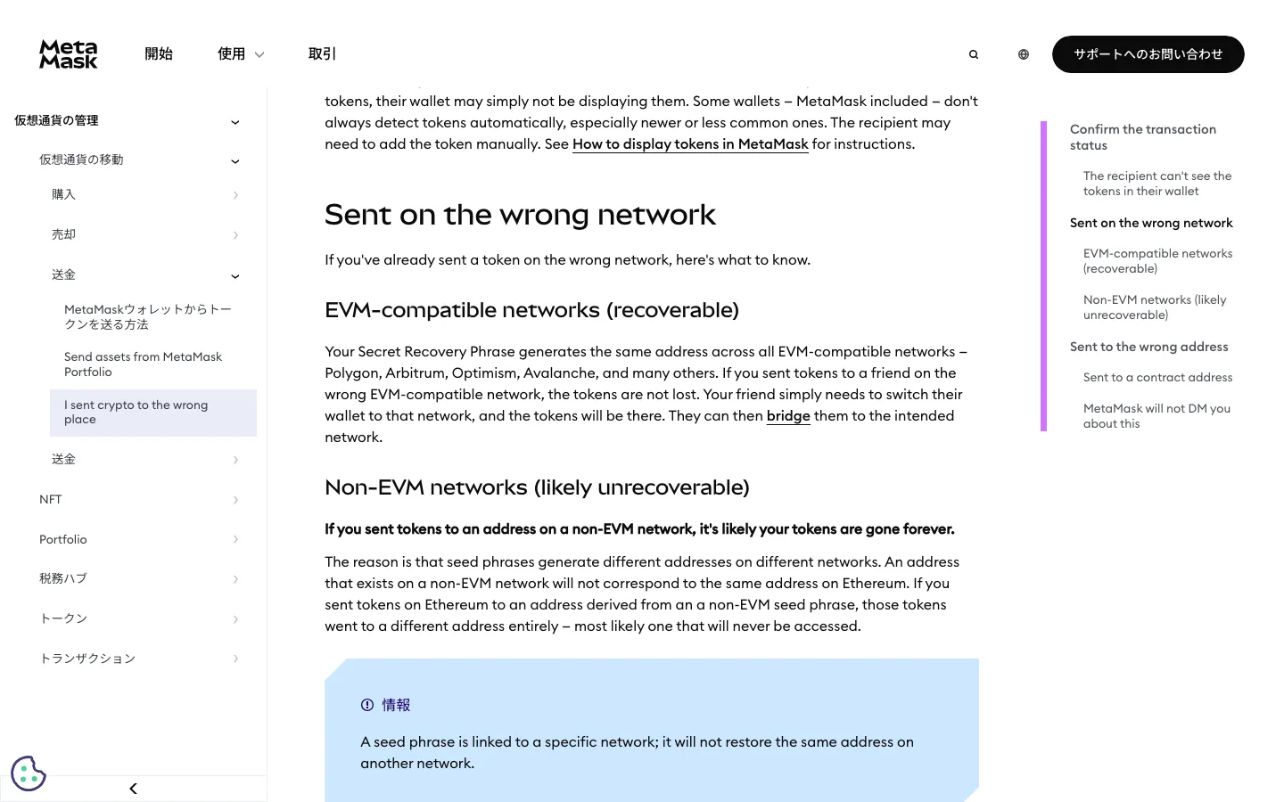 MetaMaskヘルプセンターのI sent crypto to the wrong placeのページ。EVM-compatible networks (recoverable) の見出しで、シークレットリカバリーフレーズはPolygon・Arbitrum・Optimismなど全てのEVM互換ネットワークで同じアドレスを生成すると説明