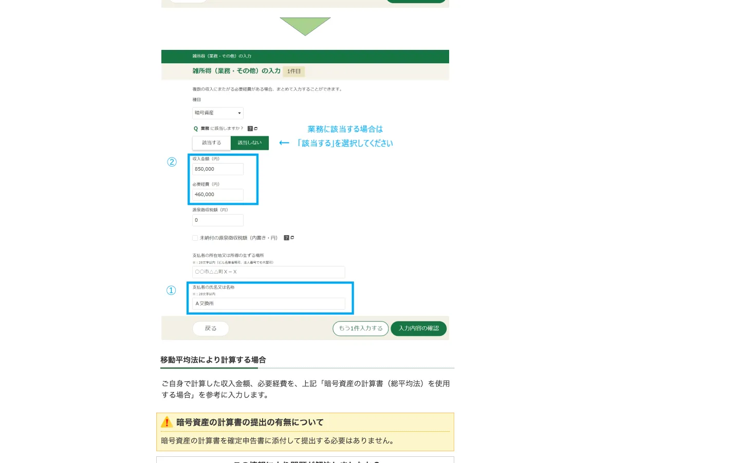 確定申告書等作成コーナーのよくある質問(令和7年分)の画像。雑所得(業務・その他)の入力画面で種目に暗号資産、業務に該当しますかの選択、収入金額850,000と必要経費460,000、支払者の氏名又は名称にA交換所。下に移動平均法の場合と、計算書は添付不要という注記