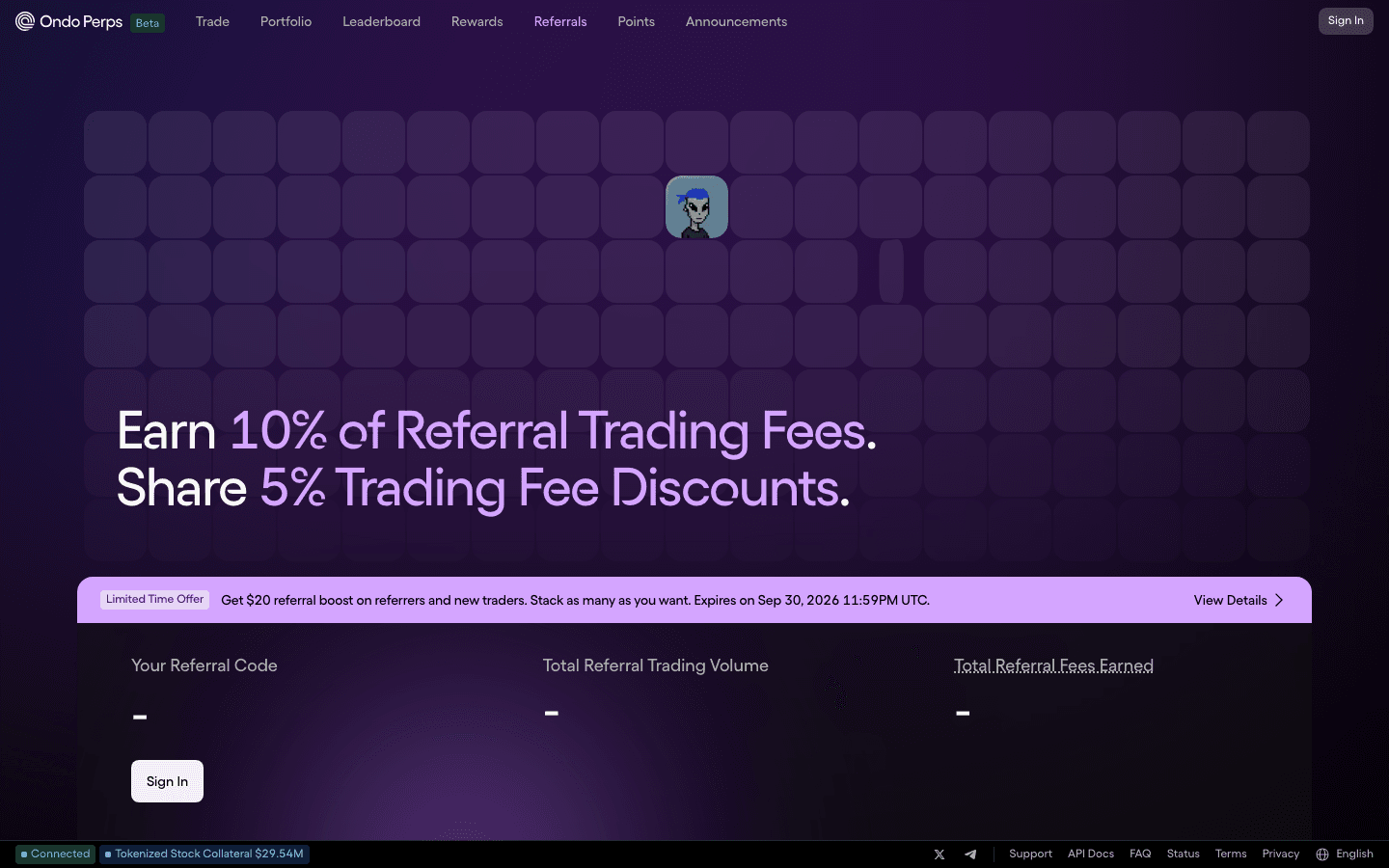 Ondo Perps referrals page: earn 10% of referral trading fees, 5% discount for referees and $20 referral boost banner expiring September 30, 2026