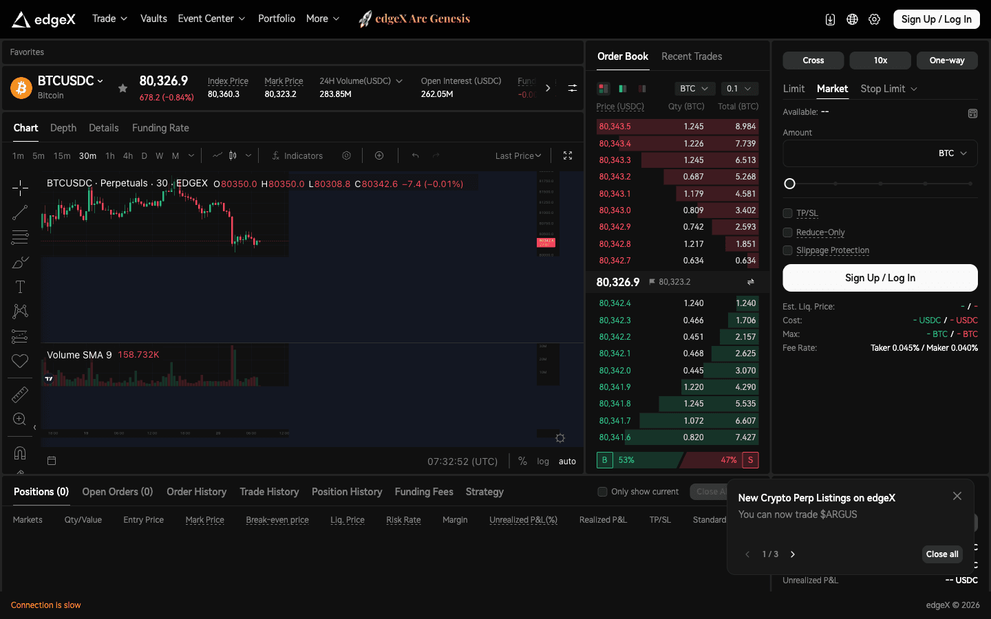 edgeX perpetual trading interface for BTC, September 2026