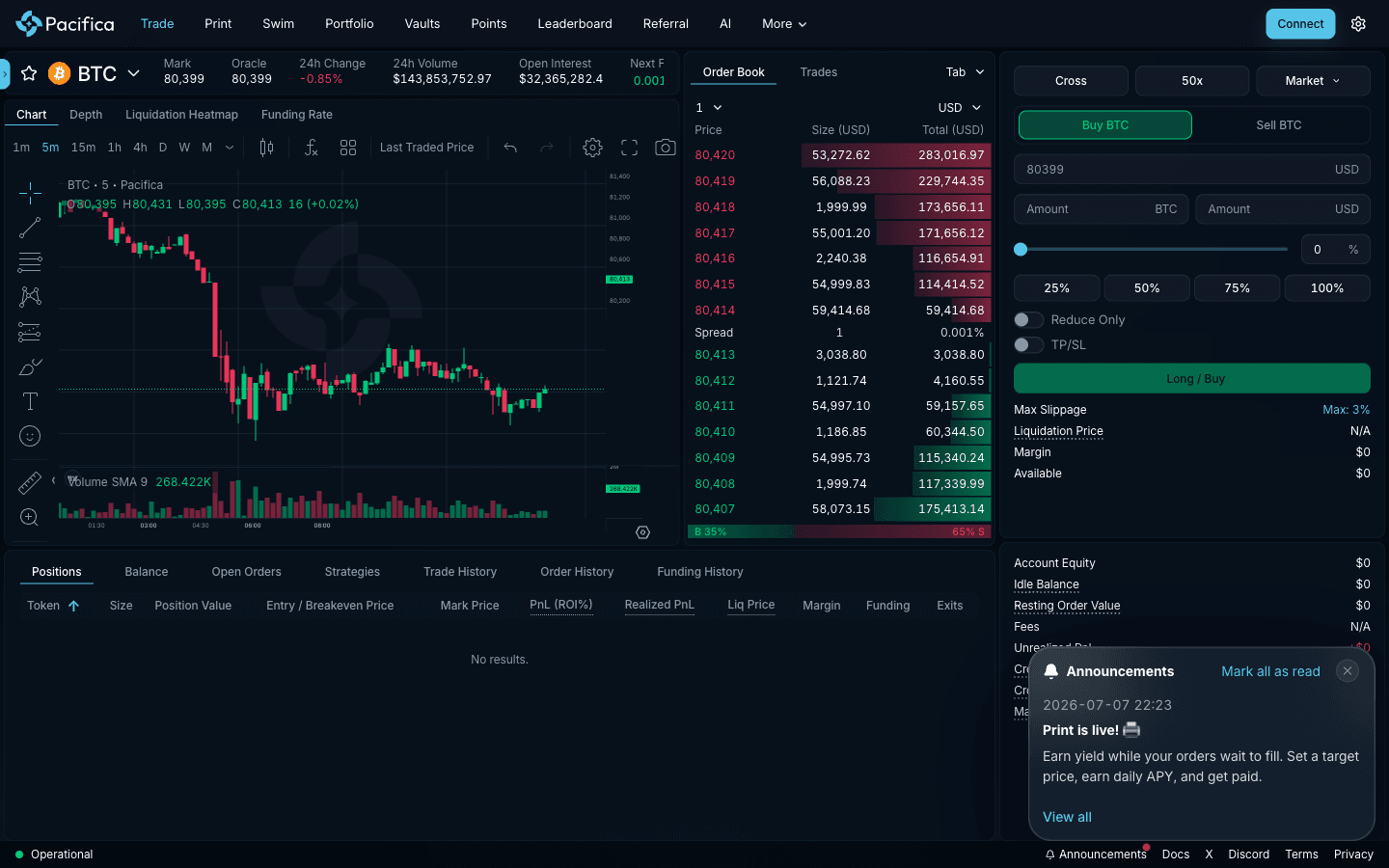 Pacifica Solana perpetual DEX trading interface, September 2026