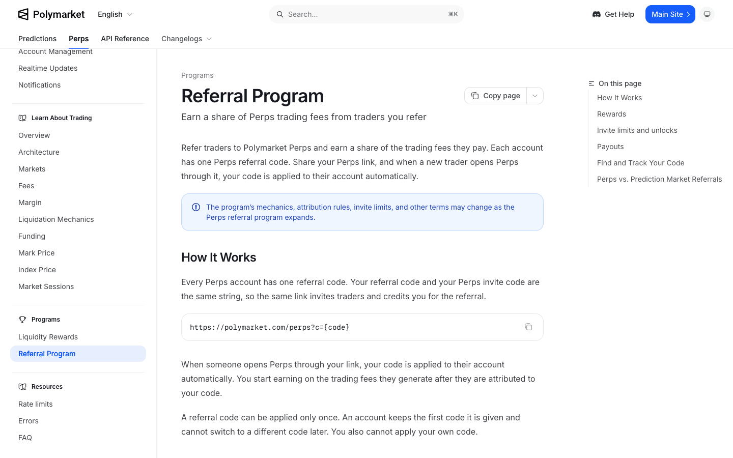 Polymarket documentation page describing the Perps referral program: 20% of fees, weekly payouts and invite limits