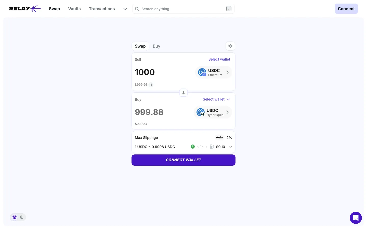 Relay のブリッジ画面。EthereumのUSDC 1000を売り、HyperliquidのUSDC 999.88を受け取る見積もり。所要約1秒、ガス0.10ドル